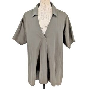 COS Blouse Top LARGE Drab Olive Cottton Pullover Short Sleeve Minimalist Capsule